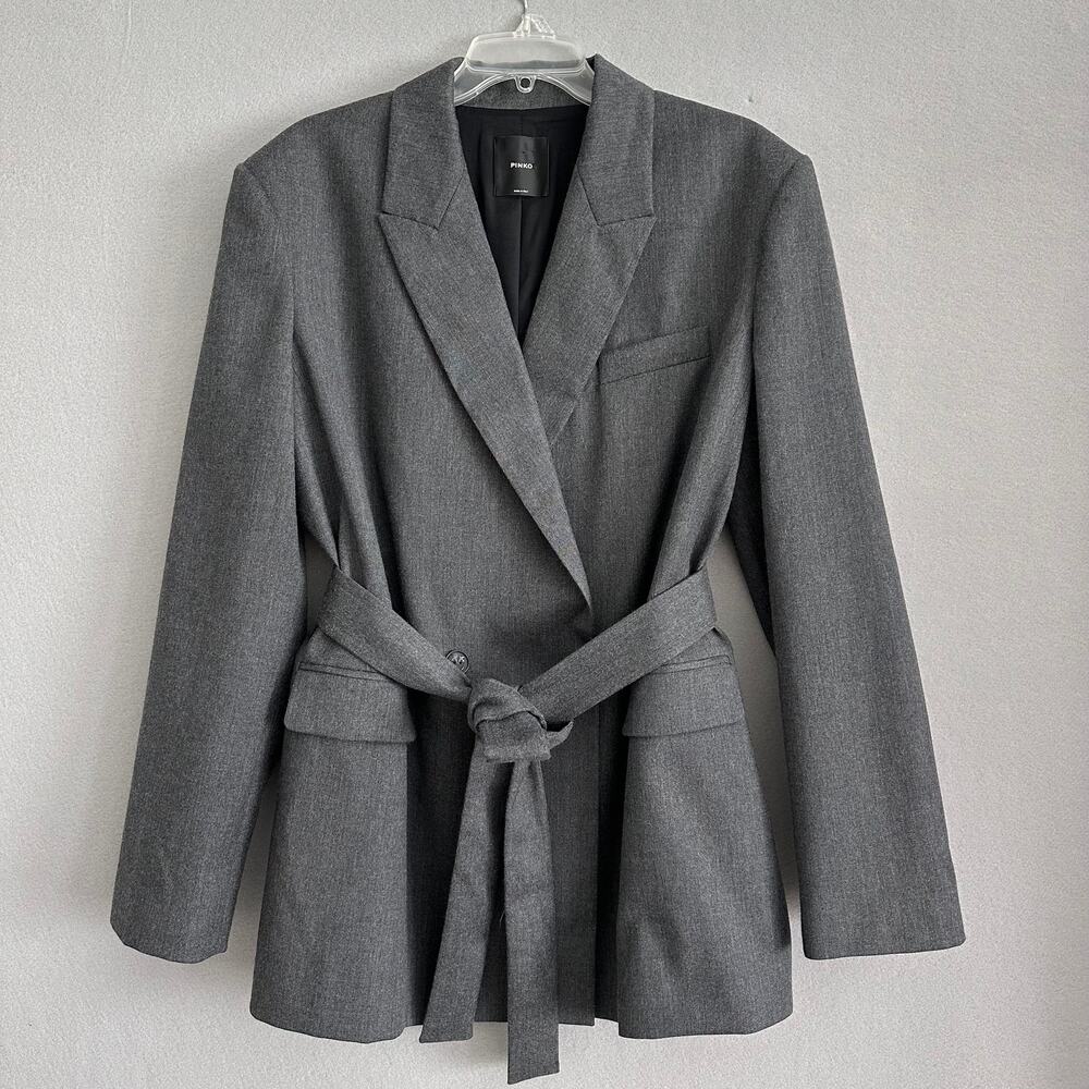 Pinko Emeline Belted Wool Blend Blazer Gray Italy Size 12 US / 48 IT